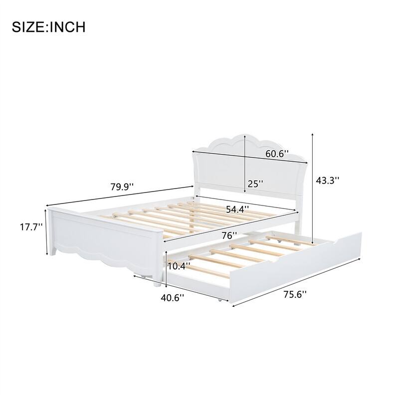 Solid Wood Platform Bed with Twin Size Trundle, Twin/Full Size Bed Frame with Headboard and Slats Support