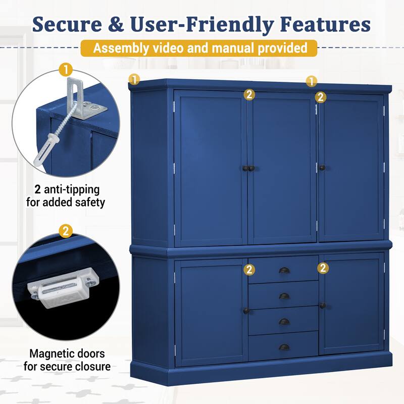 Roomfitters Kitchen Pantry Organizers and Storage Kitchen Cabinet, Hutch with Microwave Stand, 4 Drawers, Spice Racks