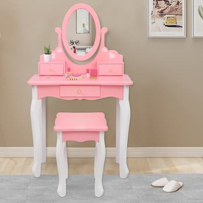 Kids Vanity Table and Stool Set Wooden Dressing Table Reversible Round Mirror
