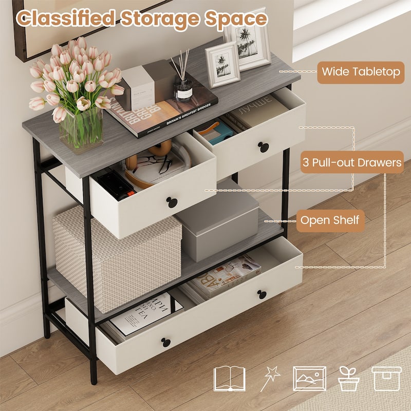 Gymax Console Table w/ 3 Fabric Drawers 32'' Narrow Entryway Table