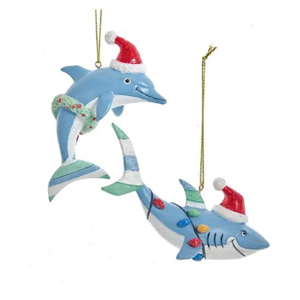 Whimsical Dolphin and Shark in Santa Hats Christmas Ornaments Set of 2 - Multi