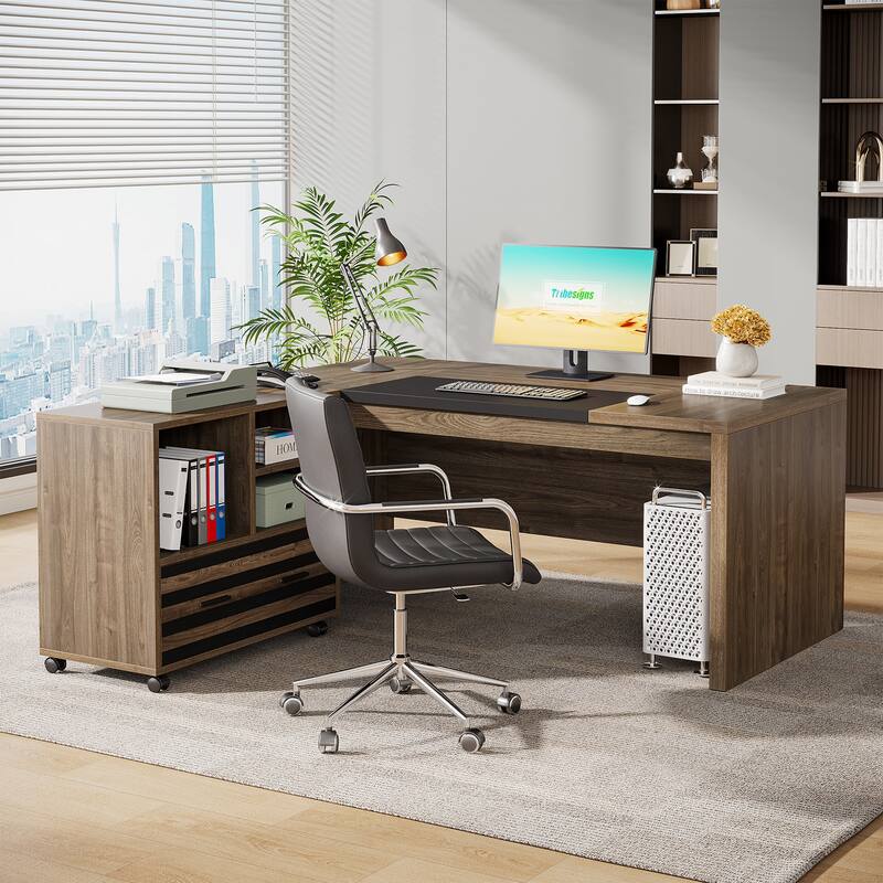 62.2" Executive Desk with Mobile File Cabinet, L-Shaped Office Desk - Gray/Black