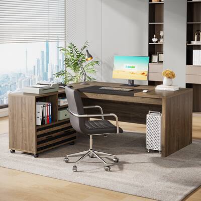 62.2" Executive Desk with Mobile File Cabinet, L-Shaped Office Desk
