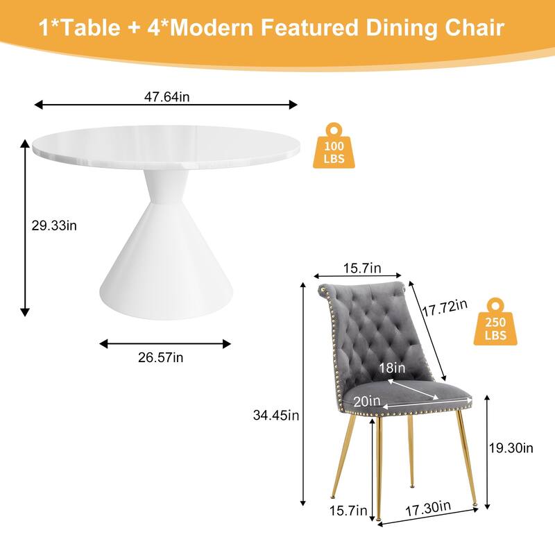 48" Light Luxury White High Gloss Large Countertop Dining Table with Velvet Dining Chair Set