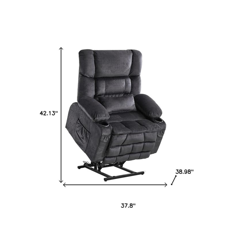 HomeRoots 38" Gray Tufted Velvet Heated Massage Lift Assist Recliner With USB