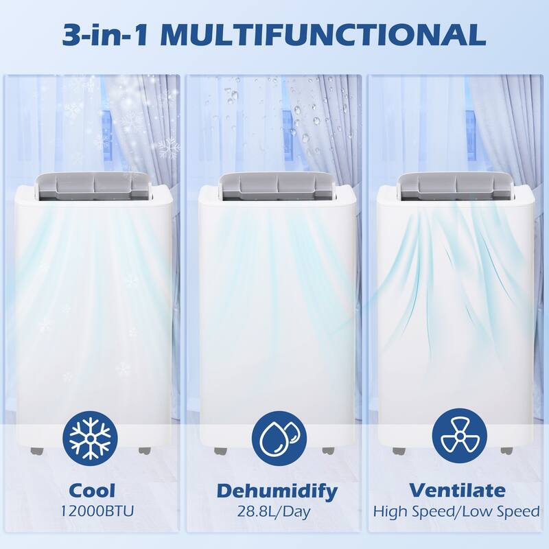 12000 BTU Portable Air Conditioner 4 in 1 with Dehumidifier and Fan. Remote Control. For Rooms up to 549 Sq Ft