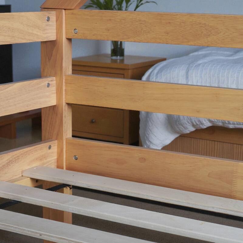 Twin Over Twin Floor Bunk Bed with House Roof Design, Rubber Wood Frame, Ladder and Guardrails for Kids Bedroom
