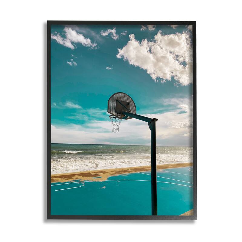 Stupell Vibrant Blue Basketball Hoop Coastal Beach Court Framed Wall Art - 24 x 30 - Black