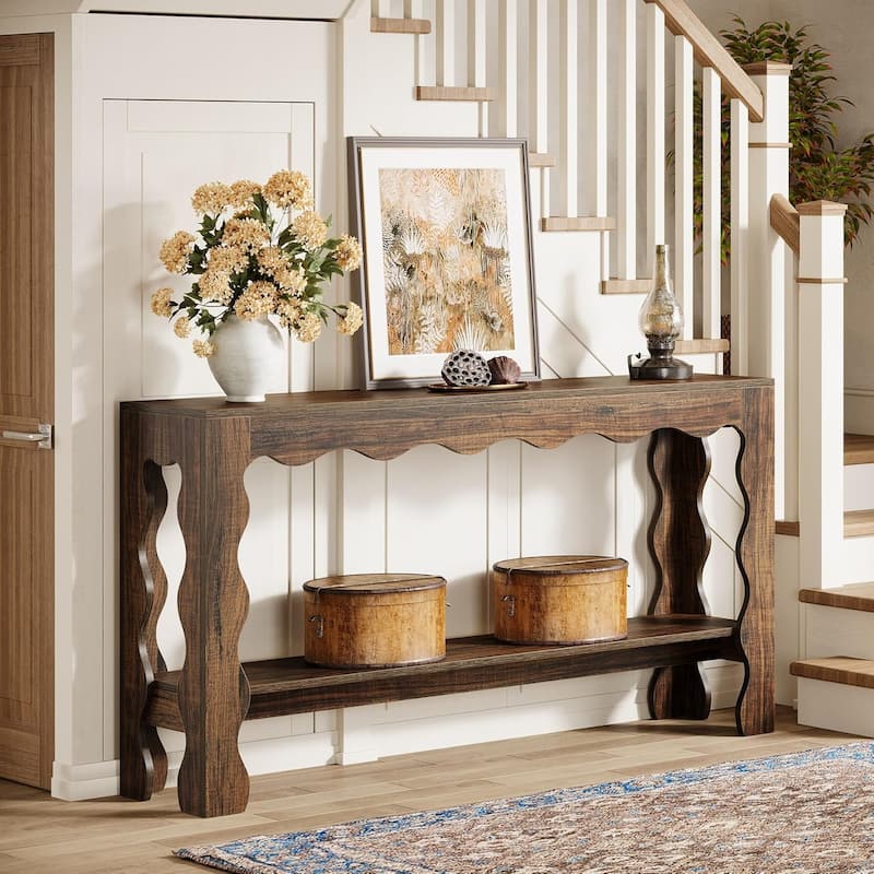 63 Inch Console/Entryway Table, Modern Rustic Entry Table with Scalloped Edge & Storage Shelf