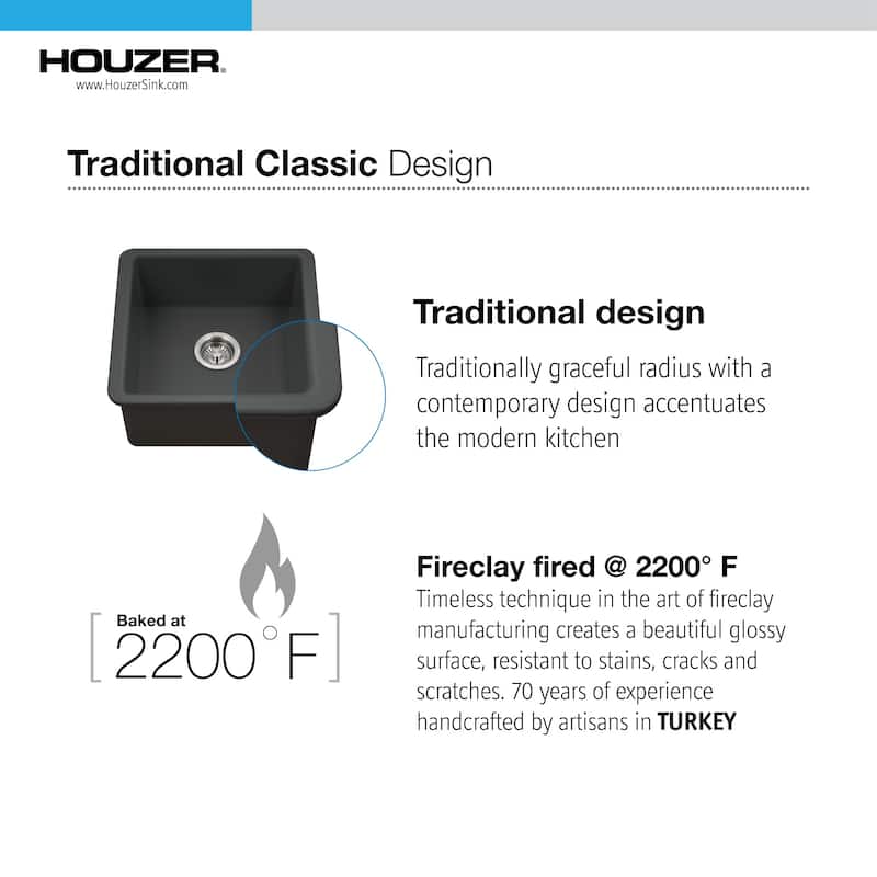 Houzer PTB-2020 Platus 19-1/8" Undermount Single Basin Fireclay Bar