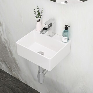 White Ceramic Rectangular Wall Mounted Bathroom Sink with Faucet Hole