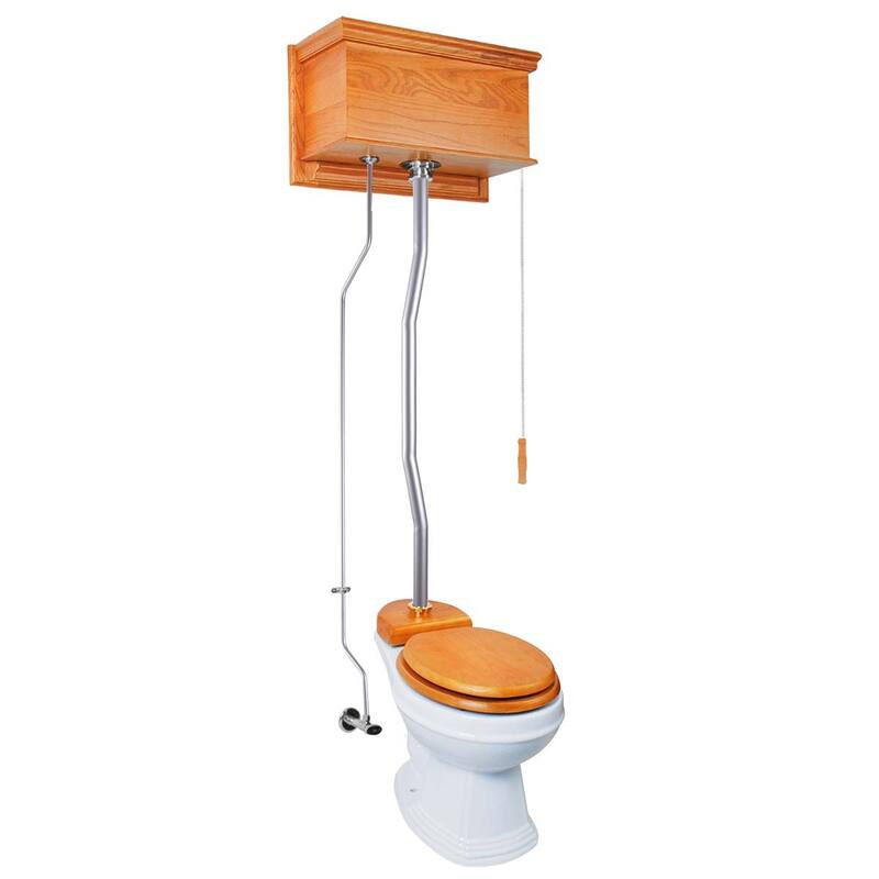 Dark Oak Wooden High Tank Toilet Flat Tank, White Round Bowl and Satin L Pipe
