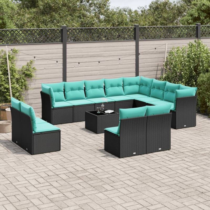 vidaXL 13 Piece Patio Sofa Set with Cushions Black Poly Rattan - 189.1x27.2x118.5