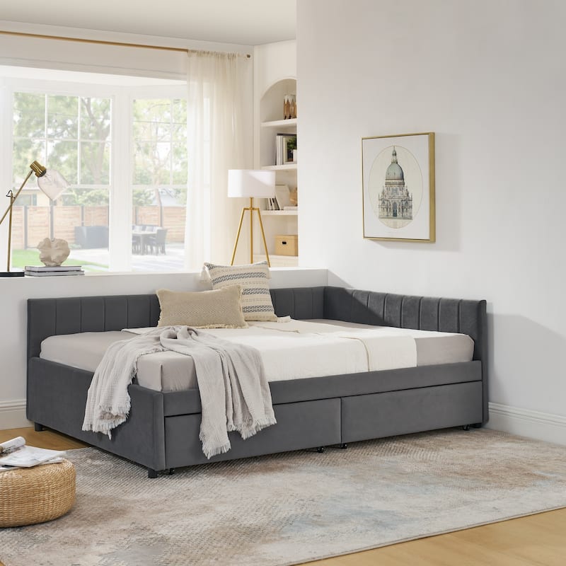 Full Size Velvet Upholstered Tufted Bed Frame w/ 2 Drawers & Comfortable Backrest & Armrests Sofa Bed Frame