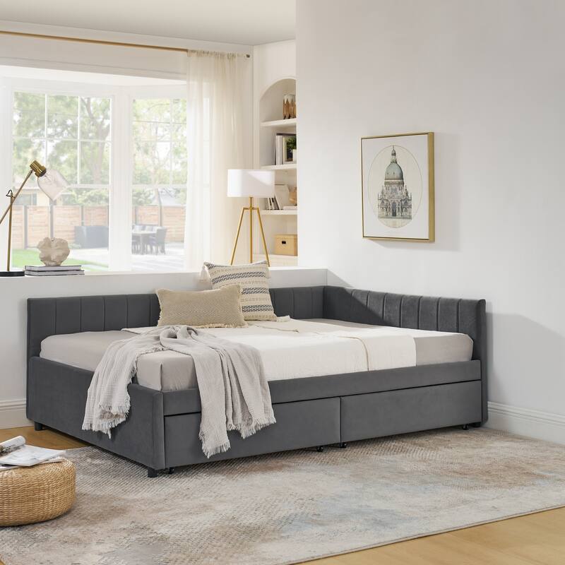 Roomfitters Full Velvet Daybed with Two Storage Drawers, Upholstered Sofa Bed Frame with Backrest and Armrests