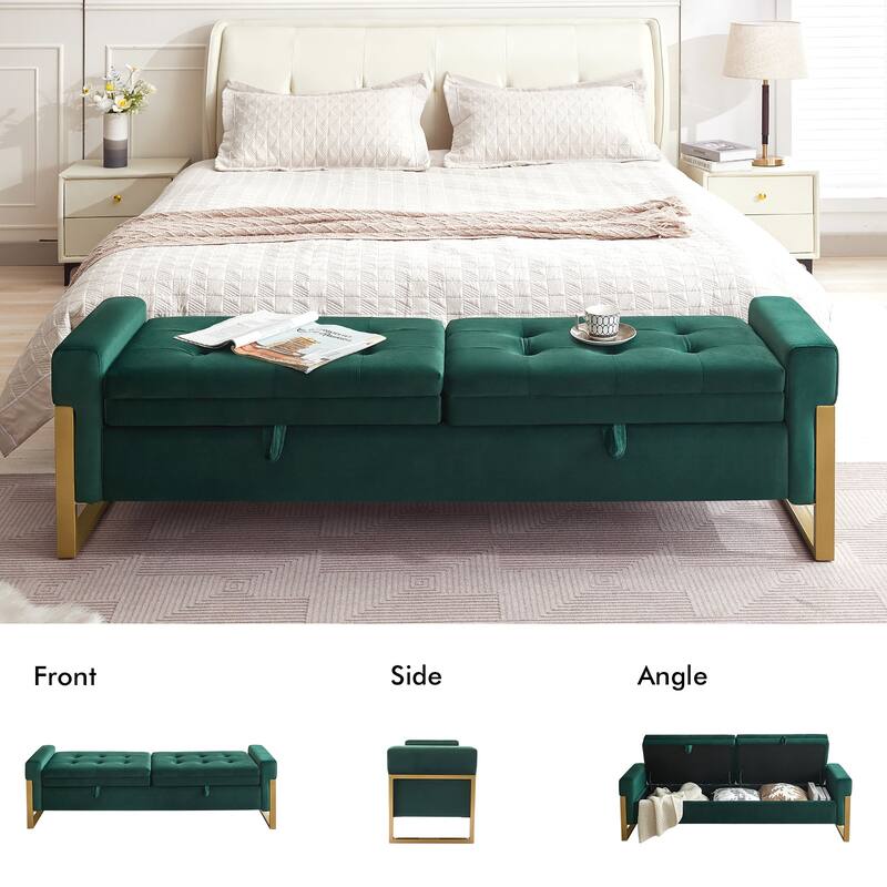 66" Storage Bench King Size End of Bed with Double Lids and Gold Legs