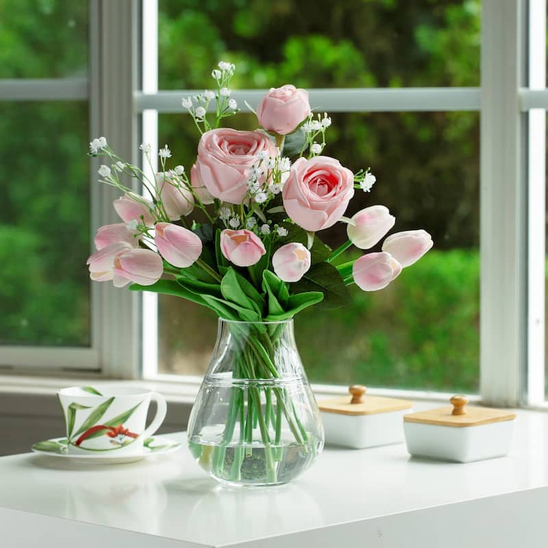 Mixed Rose and Tulip Flower Arrangement in Clear Glass Vase with Acrylic Water for Home Wedding Decoration