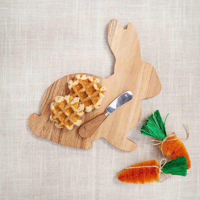 10" Spring Easter Bunny Rabbit Shape Smooth Acacia Wood 2-Piece Serving Charcuterie Platter Tray w/ Cheese Spreader Knife