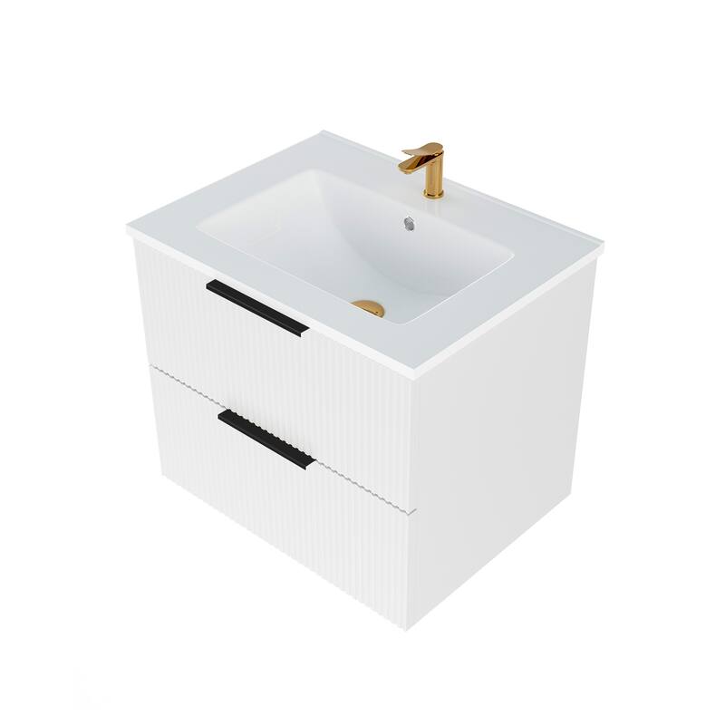 Modern Fluted Wall-Mounted Vanity with Ceramic Sink & Integrated Drawers