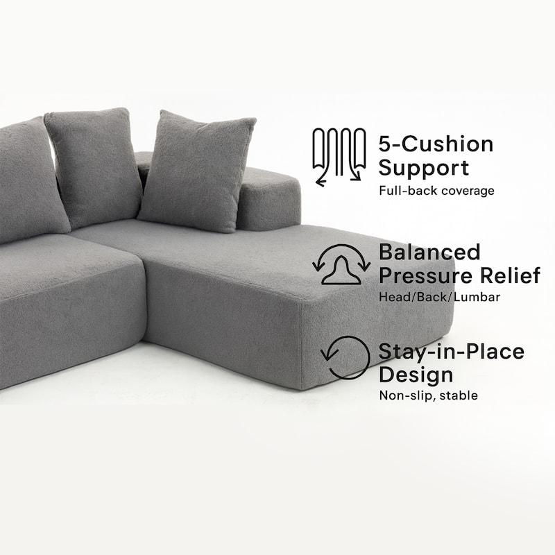 L-Shaped Modular Sectional Sofa, Full Foam Compressed Deep Seat Sofa, Upholstered Corner Sofa with 5 Throw Pillows