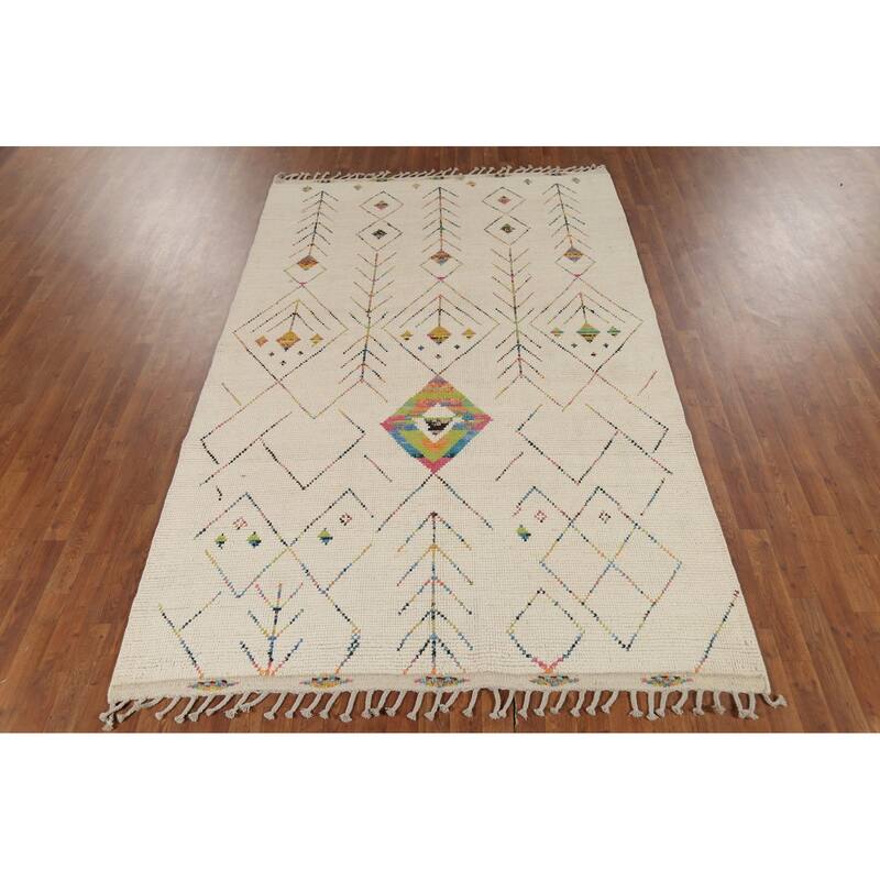 Ivory Geometric Moroccan Oriental Area Rug Handmade Wool Carpet - 5'11"x 9'6"