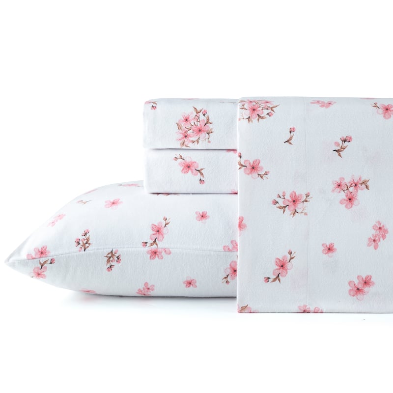 Pointehaven Printed Cotton 180 GSM Deep Pocket Oversized Brushed Flannel Sheet Set - Sakura - Queen