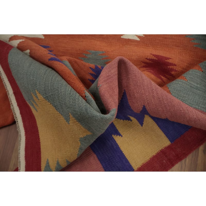 Hand Woven Oriental 100% Wool Carpet Southwestern Tribal Oranges & Rust Kilim Area Rug - 9' 8'' X 7' 11''