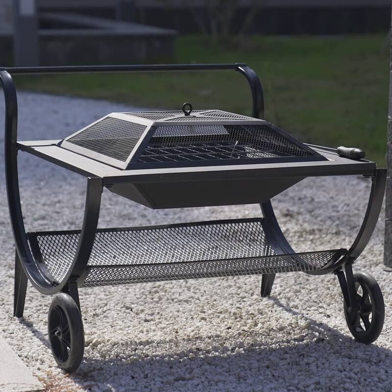 Patio Fire Pits Outdoor with Wheels and 27" Steel Square Firepit BBQ Grill