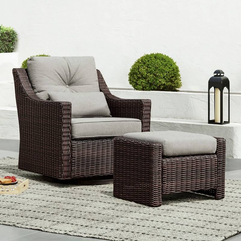 Murphy Outdoor Wicker Patio Furniture Swivel Glider Chair - 1 Chair+1 Ottoman - Chestnut Wicker-Brownish Gray