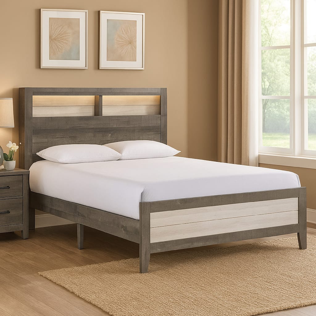 Ruthe Low Profile Queen Panel Bed with Built-In Lights, Ash Gray Wood