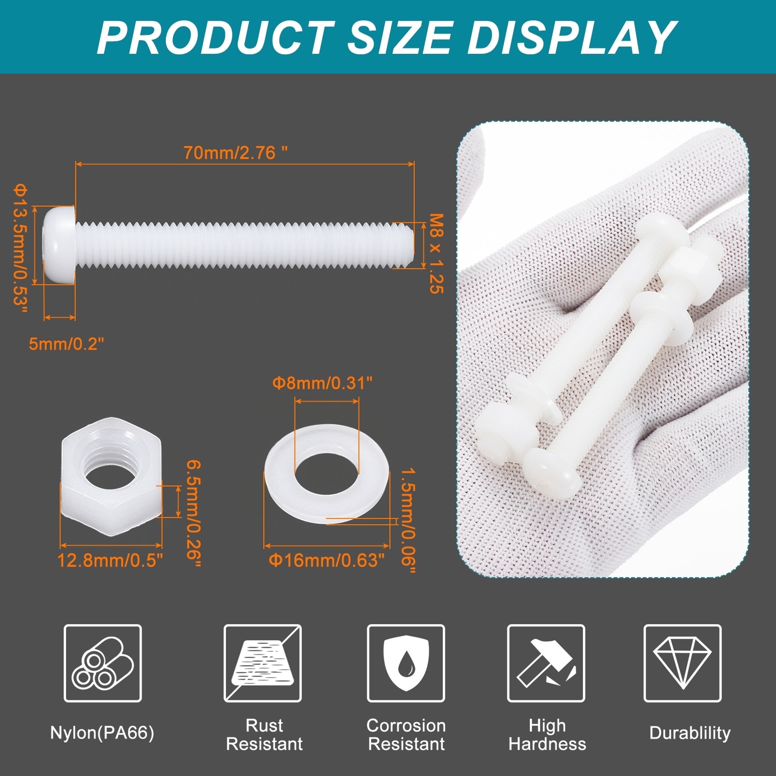 Nylon Round Head Bolts Hex Nuts Washer Combination Kit