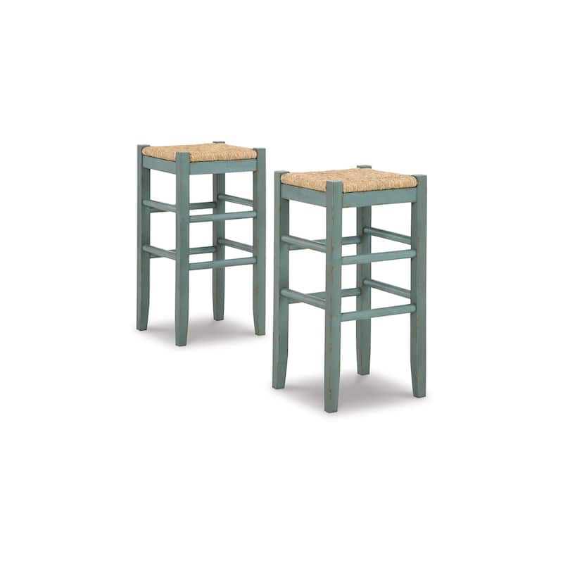 Anya Bar Height Stool Set of 2, Brown Woven Seat, 30 Inch Rustic Blue