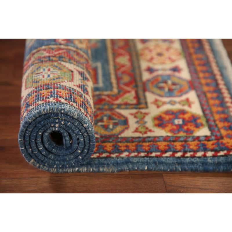 Blue Kazak Oriental Accent Rug Hand-Knotted Geometric Wool Carpet - 2'8"x 4'1"
