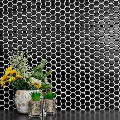 Merola Tile Metro 1" Hex Matte Black 10-1/4" x 11-7/8" Porcelain Floor and Wall Tile