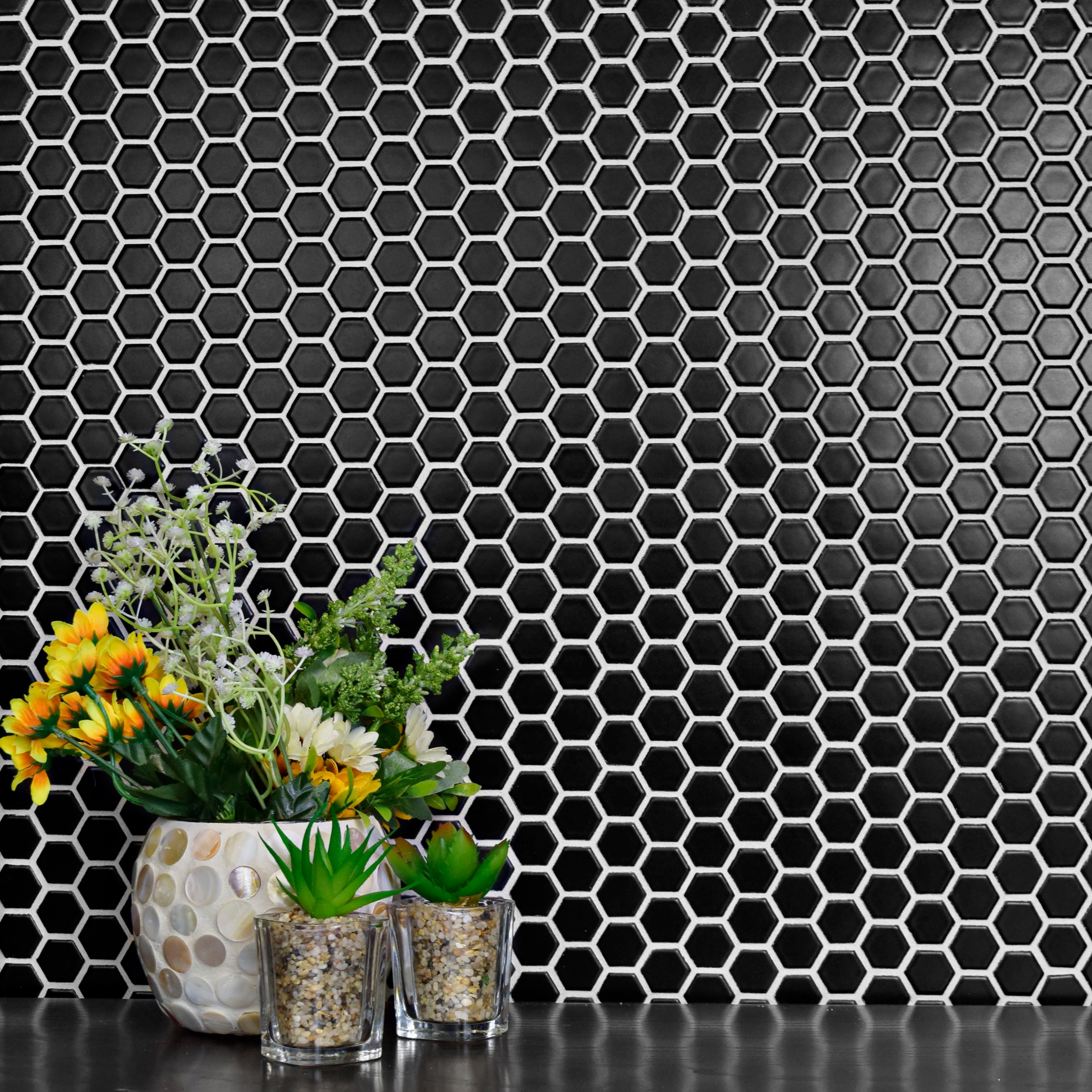 Merola Tile Metro 1" Hex Matte Black 10-1/4" x 11-7/8" Porcelain Floor and Wall Tile