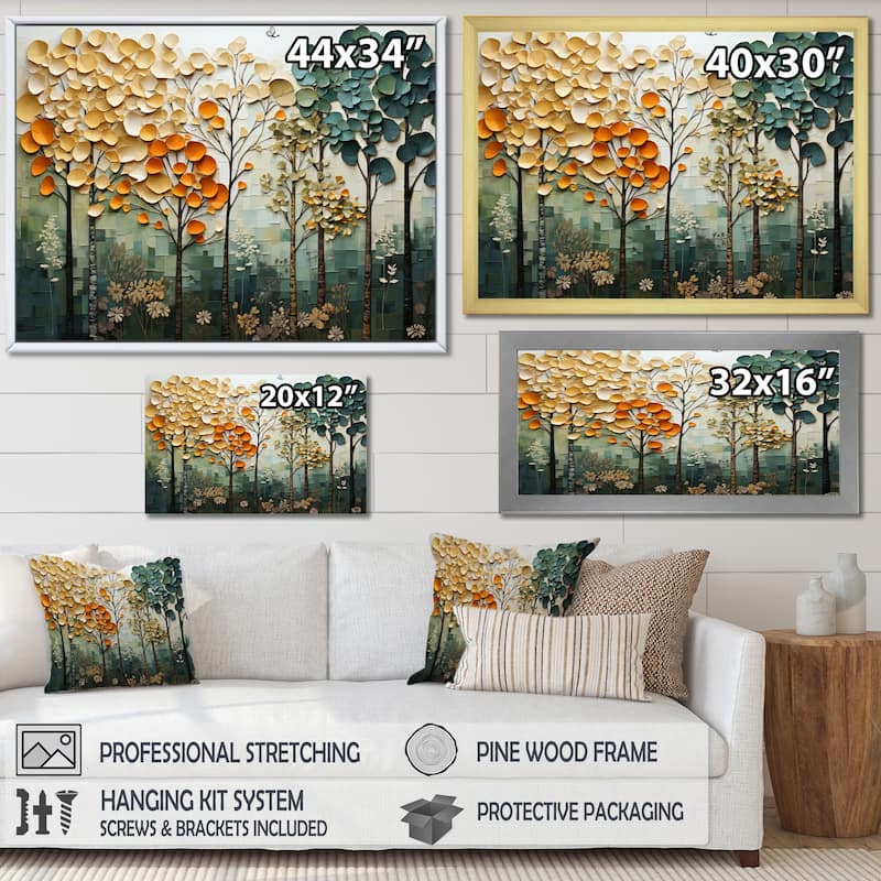 Designart "Orange Green Trees Canopy Patchwork I" Landscape Trees Framed Wall Art Living Room