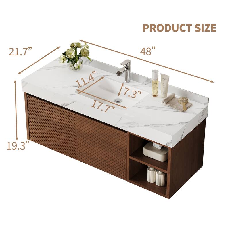 48" Modern Floating Single Bathroom Vanities with Sink, Brown or Natural wood, 2 Drawers