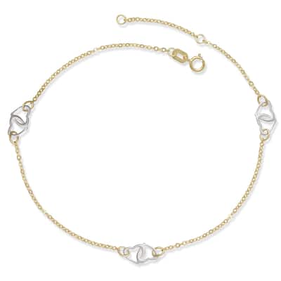 Curata 14k Two-tone Gold 10" Adjustable Interlocking Hearts Station Anklet