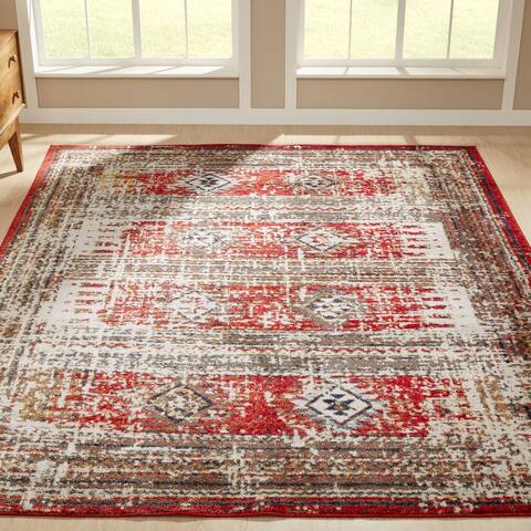 Porch & Den Quinault Distressed Red Stripe and Diamond Area Rug