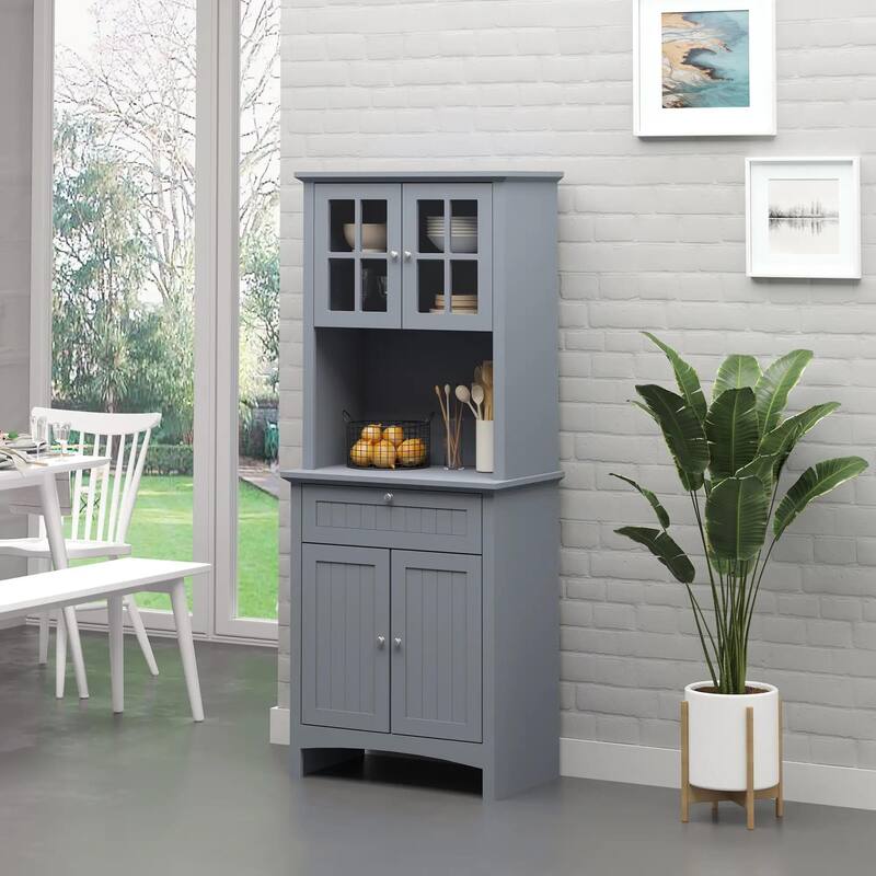 Modern Buffet Hutch, Kitchen Storage Cabinet with Glass Doors, Drawers - Grey