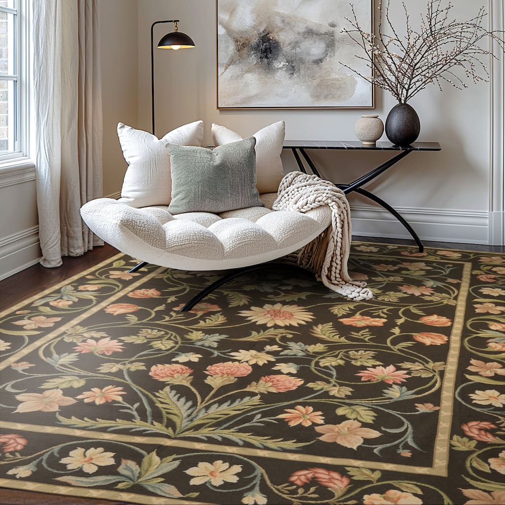 6x9 Hand Woven Flatweave Wool Brown Needlepoint Asmara Traditional Botanical Rug - 6' x 9'