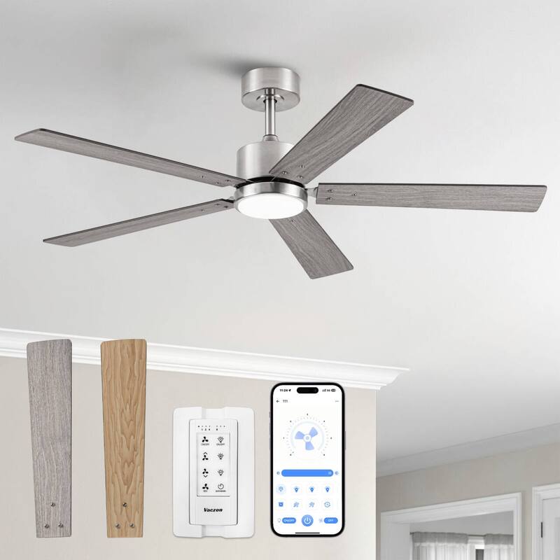 Vaczon 52" Modern Brushed Nickel Plywood Integrated LED Dimmable Smart Ceiling Fan with APP Control
