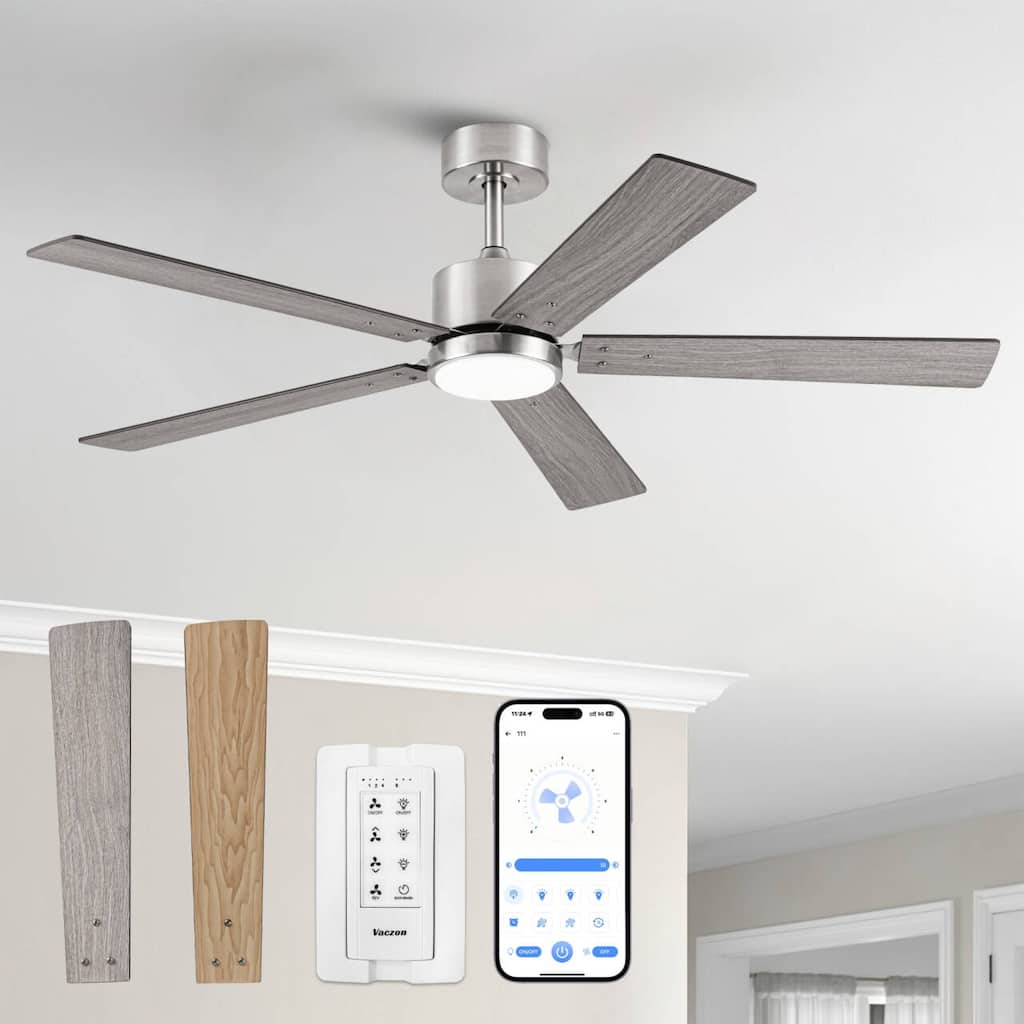 Vaczon 52" Modern Brushed Nickel Plywood Integrated LED Dimmable Smart Ceiling Fan with APP Control
