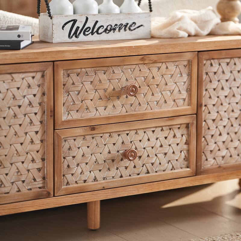 Boho Rattan TV Stand with Drawers, Wooden Media Cabinet TV Console Entertainment Center for TVs 55 60 65 Inches