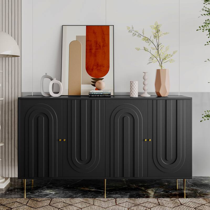 Sleek Gray Lacquered Wooden Sideboard‌ – 4-Door Storage Cabinet for Living Room, Dining Room & Office - Matte Black