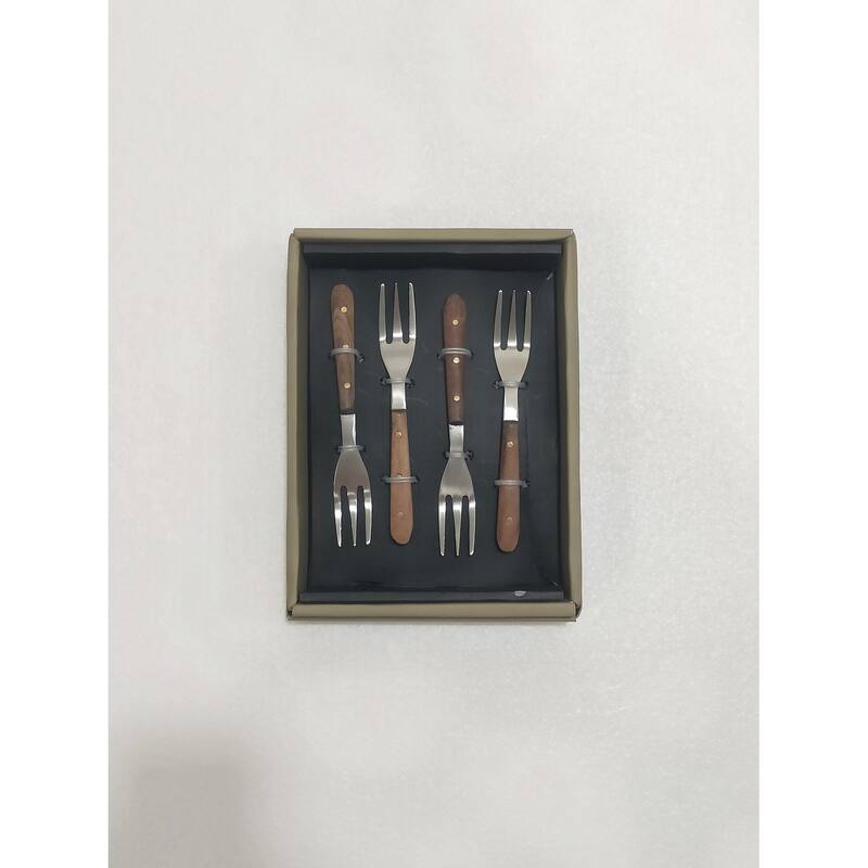 Set of 4 Cocktail Forks w/ Wood Handles in Giftbox - Silver & Wood