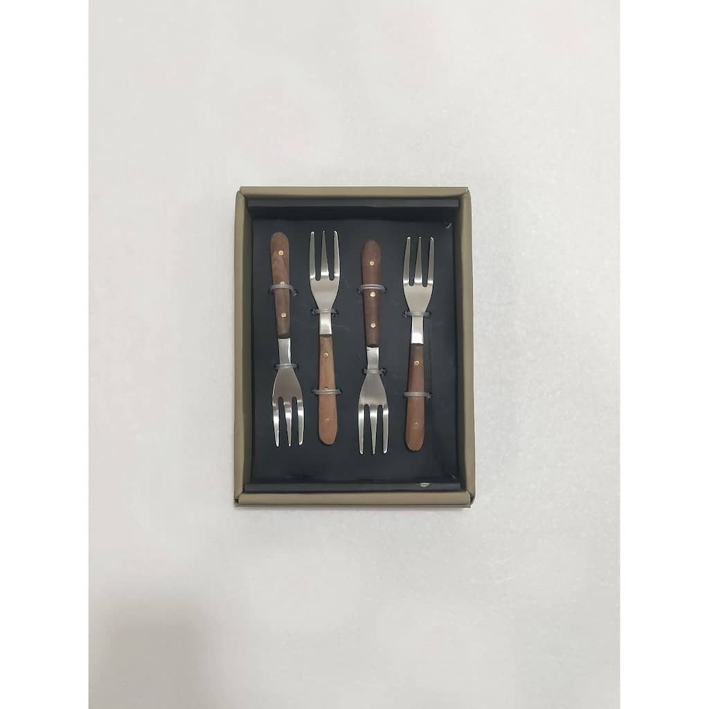 Set of 4 Cocktail Forks w/ Wood Handles in Giftbox - Silver & Wood