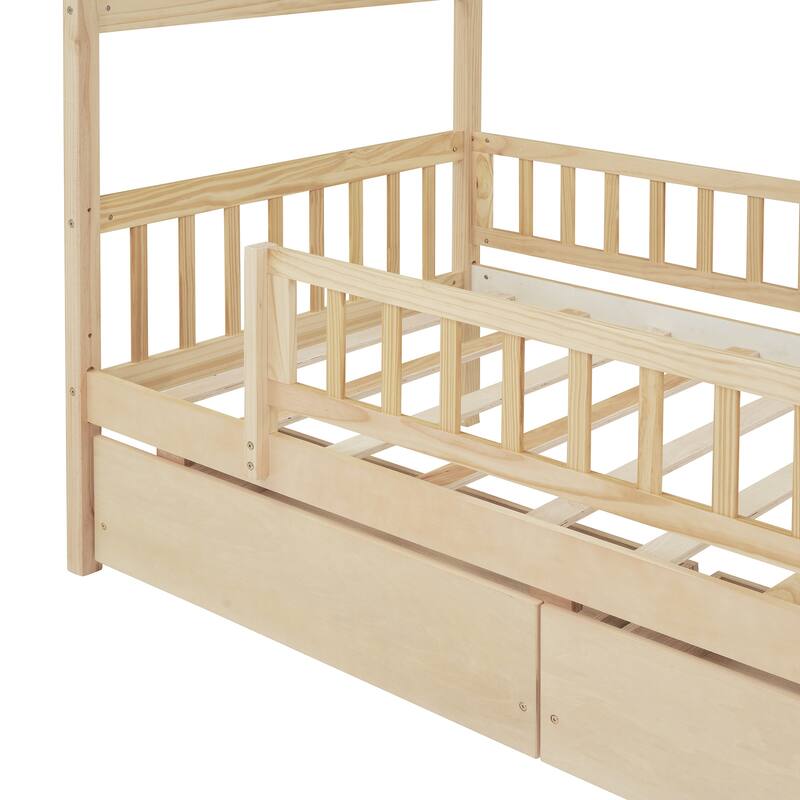 Wood Playhouse Bed Frame with 2 Drawers & Roof for Kids, Boys or Girls