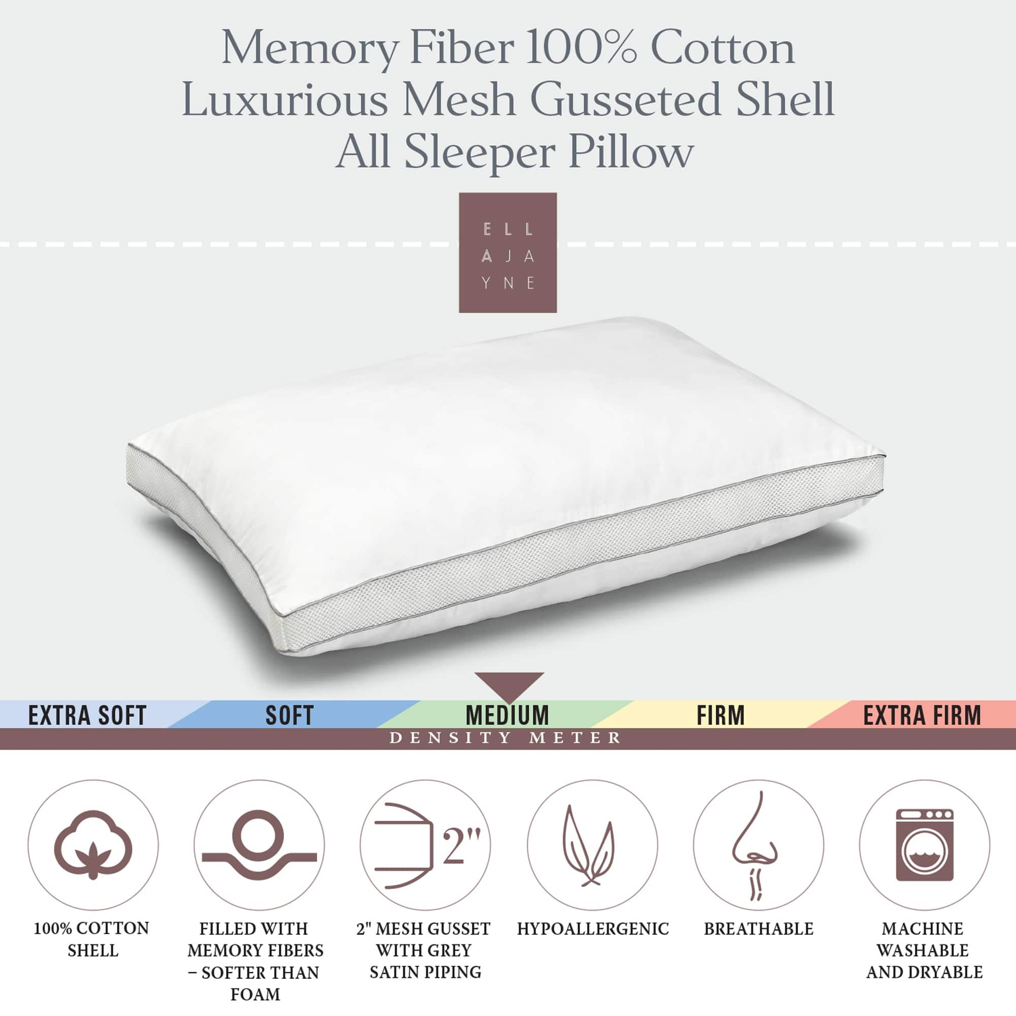 Cotton Mesh Gusseted Shell Medium Density Memory Fiber Pillow, for All