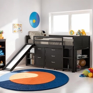 Multi-Functional Low Twin Size Loft Bed with Cabinets, Shelves and Slide, Solid Construction & Versatility Galore, Espresso